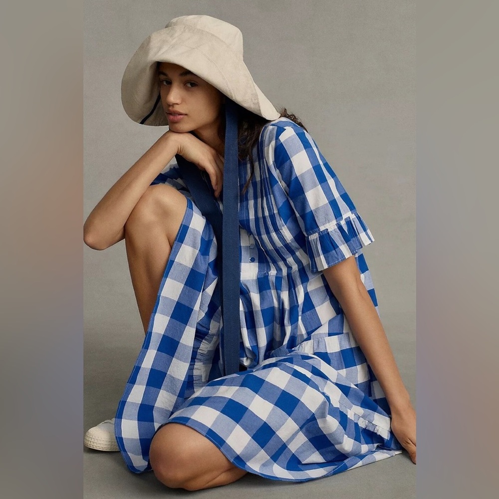 Anthropologie WHIT TWO Gingham Tiered Midi Dress Size M